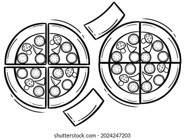 hand drawn illustration of delicious pizza with cheese sauce and chili sauce sachets, with a bright color combination, and with a simple and modern design