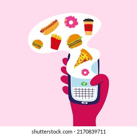 Hand drawn illustration for delivery food. Online delivery concept.