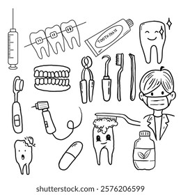 hand drawn illustration of dentist clip art, toothpaste and dentist equipment