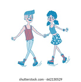 Hand drawn illustration depicted happy young couple holding hands and roller skating together. Isolated vector design for Valentine's day in red and blue colors