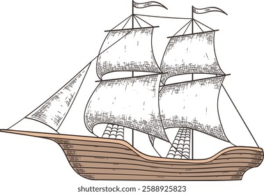 Hand drawn illustration depicting a caravel, a small, maneuverable sailing ship used by the Portuguese and Spanish for exploration and trade during the 15th to 17th centuries