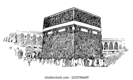 A hand drawn illustration depicting Muslims worshiping around the Kaaba in Saudi Arabia. Charcoal drawing technique or engraving.