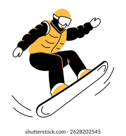 A hand drawn illustration depicting snowboarding 
