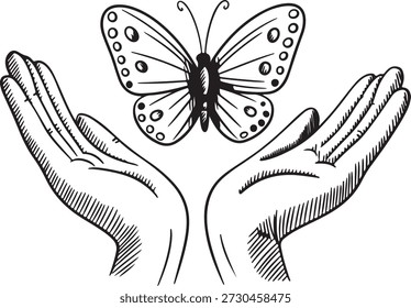 Ilustración dibujada a mano que representa dos manos abiertas acunando una mariposa alada, simbolizando el cuidado, la naturaleza y la libertad.