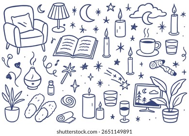 A hand drawn illustration depicting various hygge elements that create a cozy and relaxing home atmosphere. These include candles, books, stars, the moon, a lamp, and indoor plants. This drawing