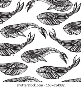 Hand drawn illustration depicting a whale. Abstract beautiful pattern on the theme of sea animals. Suitable for personal and commercial use.