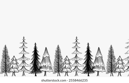 A hand drawn illustration depicts a row of various pine trees in black and white, creating a simple yet elegant design.