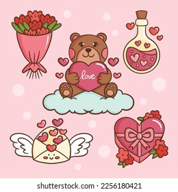 Ilustración dibujada a mano diseño elementos pegatina, objeto e icono conjunto para la fiesta del día de San Valentín 14 de febrero de oso teddy lindo, corazón, chocolate de amor, carta, flor, pastel, plantilla de diseño de mensajes