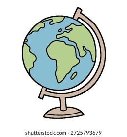 Eine handgezeichnete Illustration einer Desktop-Weltkugel, die Kontinente und Ozeane zeigt, ideal für Geografie- und Reisekonzepte.