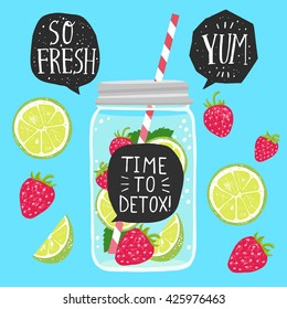 Hand drawn illustration with detox water in jar with lime and strawberry slices, speech bubbles with handwritten lettering.