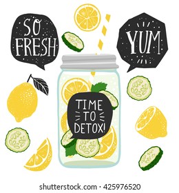 Hand drawn illustration with detox water in jar with lemon and cucumber slices, speech bubbles with handwritten lettering. White background