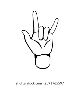 Hand drawn illustration of devil horns hand gesture. Heavy metal. Rock on festival. sketch out line