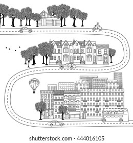 Hand drawn illustration of different lifestyles - village, town and big city