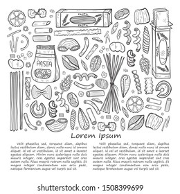 Hand drawn illustration with different types of pasta. Vector food sketch. May use as a coloring page