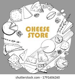 Hand drawn illustration of different types of cheese. Serving gourmet cheese. Dairy farm products. Handwritten graphic technique