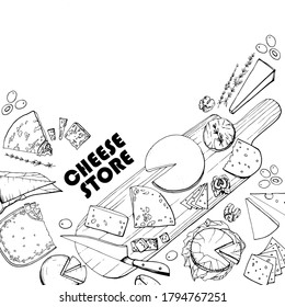  Hand drawn illustration of different types of cheese. Serving gourmet cheese. Dairy farm products. Cheese store. Handwritten graphic technique