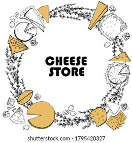 Hand drawn illustration of different types of cheese. Serving gourmet cheese. Thyme wreath. Dairy farm products. Cheese store. Handwritten graphic technique