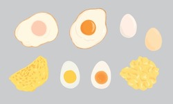 Hand drawn illustration of different ways to cook eggs. Fried egg, boiled egg, omelette, scramble egg. Vector.
