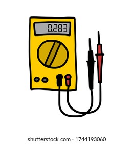Handgezeichnete Abbildung eines digitalen Multimeters, einer elektronischen Vorrichtung zur Messung von Strom, Spannung und Widerstand. Einzelne Zeichnung auf weißem Hintergrund.