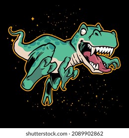 Hand drawn illustration of dinosaurs flying on outer space in green and golden color.