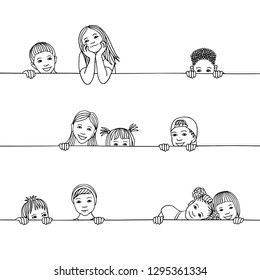 Hand drawn illustration of diverse children peeking behind a horizontal line, black ink drawing