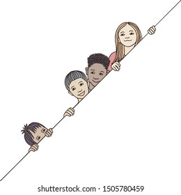 Hand drawn illustration of diverse children peeking behind a diagonal line