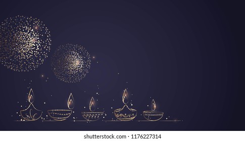 Hand Drawn Illustration of Diwali lamps with Golden Lights on Dark Blue Background. Vector Illustration
