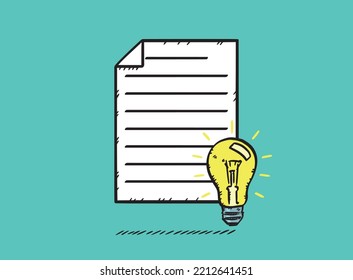 Hand drawn illustration of document with idea bulb. Doodle vector file.