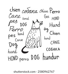 Hand drawn illustration of a dog, surrounded by the word “dog” in multiple languages. Creative and humorous design, multilingual pet content, unique stationery.