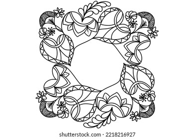 Hand drawn illustration of doodle with heart shape. Vector of plant, leaf, flower for coloring page.