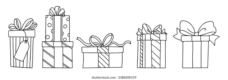 Hand drawn illustration, Doodle illustrations of gift box, Set of art line drawing present box, Doodle style, Cartoon doodle hand drawn pattern, Line art vector illustration.