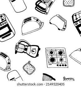 Handgezeichnete Küchenwerkzeuge für Illustrationen. Hübsches Vektormuster von Haushaltsgeräten und Haushaltsgeräten in der Küche.