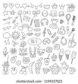 Hand drawn illustration doodle outline vector girly things icon set