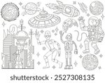 Hand drawn illustration with doodle set of retro future space planets and ships, rocket, spaceman, alien, robot and objects, line art science fiction concept