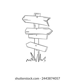 Hand drawn illustration of doodle wood road signs and arrows