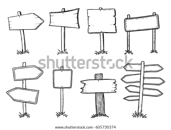 Hand drawn illustration of doodle wood road signs\
and arrows