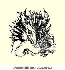 Hand drawn illustration with dragon. Black dragon, fantasy style. Ink work.