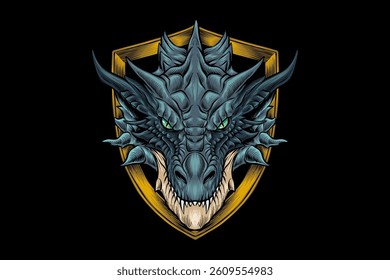 hand drawn illustration of dragon inside shield