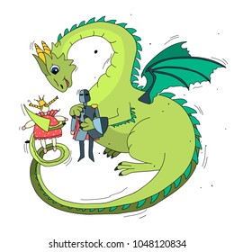 Hand drawn illustration of a dragon playing in dolls of a knight and a princess. 