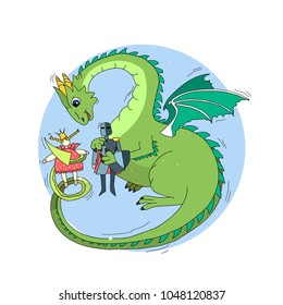 Hand drawn illustration of a dragon playing in dolls of a knight and a princess. 