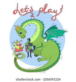 Hand drawn illustration of a dragon playing in dolls of a knight and a princess. 