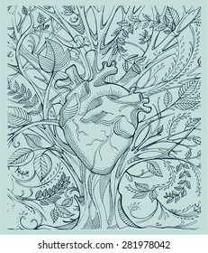 Hand drawn illustration or drawing of a human heart and a tree with a lot of branches and leafs