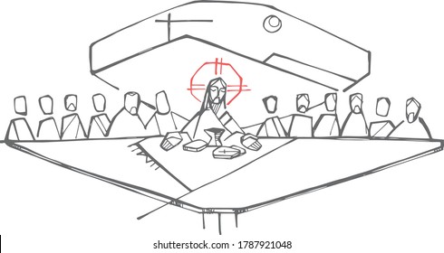 Ilustración dibujada a mano o dibujo de Jesucristo y discípulos en la última cena