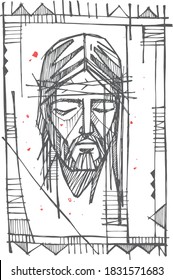 Hand drawn illustration or drawing of Jesus Christ face at the Crucifixion