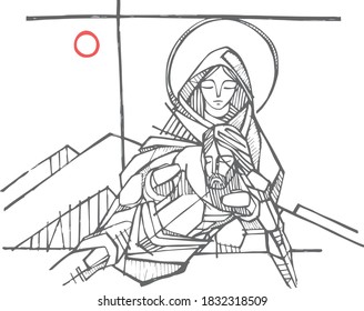 Hand drawn illustration or drawing of Jesus Christ and Virgin Mary at the Crucifixion