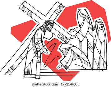 Hand drawn illustration or drawing of Jesus Christ and Virgin Mary and other women at the Crucifixion