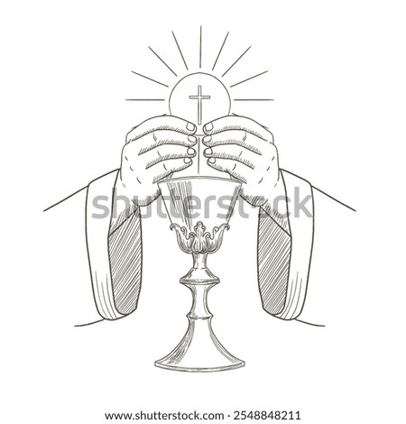 Hand drawn illustration or drawing of Jesus Eucharist, Cup with wine and bread.