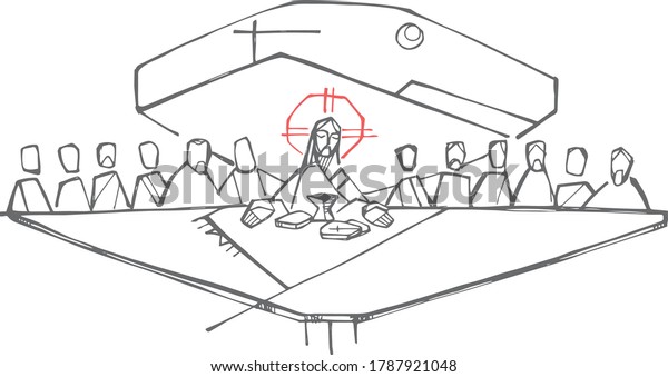 Hand drawn illustration or drawing of Jesus Christ and disciples 