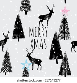 Hand drawn illustration drawing Merry Christmas 2017 in trendy black and white style. Winter xmas animal poster vector pattern seamless print with slogan