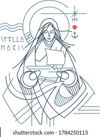 Hand drawn illustration or drawing of the Virgin Mary as the Star of the Sea and a text in latin that means: Star of the Sea